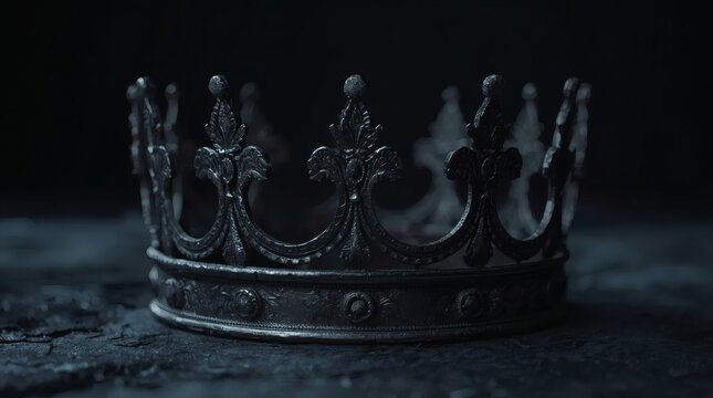 Ornate dark metal crown resting on a textured surface with a dark background