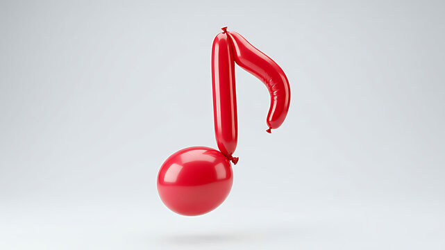 Red glossy balloon twisted into a musical eighth note shape floating on a light gray background