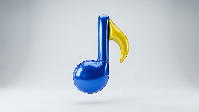 A captivating 3D render of a metallic musical note balloon, shimmering in distinct blue and yellow shades, embodying a feeling of uplifting melody and joyful rhythm