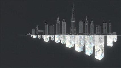 Obraz premium City skyline outline mirrored in glowing crystals against a dark background.