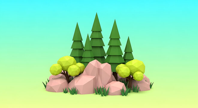 Low poly forest landscape with pine trees and rocks landscape stylized environment colorful elements illustration