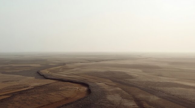 Vast mudflats stretch to the horizon under a hazy sky
