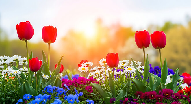 Garden bed with red tulips and colorful wildflowers at sunrise blooming sunlight botanical colorful landscape beautiful