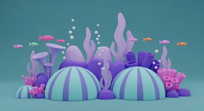 Colorful 3D cartoon coral reef underwater scene with tiny fish and seaweed sea life underwater colorful environment tropical submerged stylized illustration wildlife