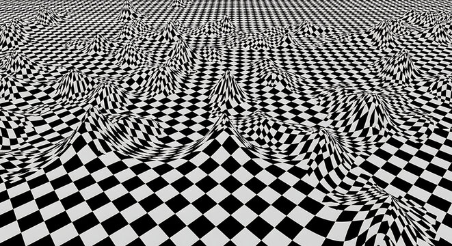 Abstract monochrome checkered surface with rippling wavy distortion abstract checkered monochrome geometry distortion illusion background movement mathematical minimalist geometric