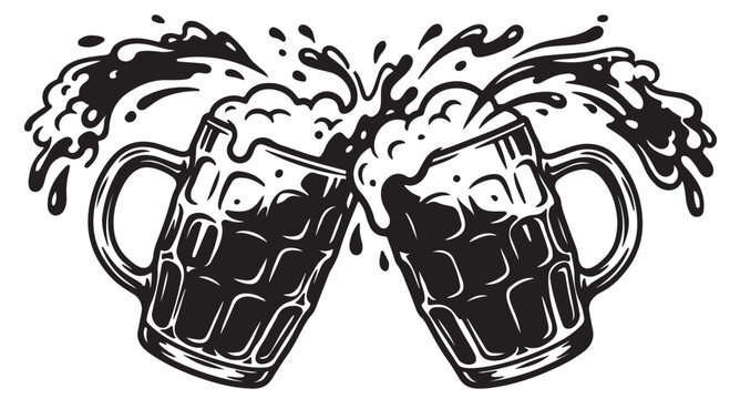 Vintage tavern style beer mugs crashing together with rich foam explosion details, bold monochrome silhouette vector artwork, isolated white background, commercial beverage promotion illustration