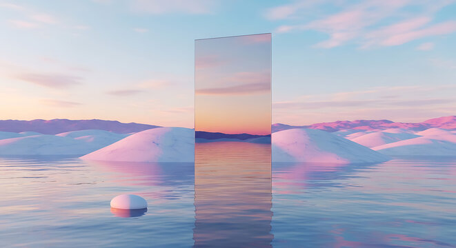 Surreal reflective monolith in frozen arctic landscape with monolith landscape reflection minimalist environment abstract geometric