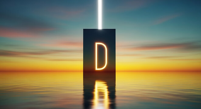 Minimalist letter d on dark monolith at sunset sea with alphabet monolith reflection minimalist typography abstract lighting