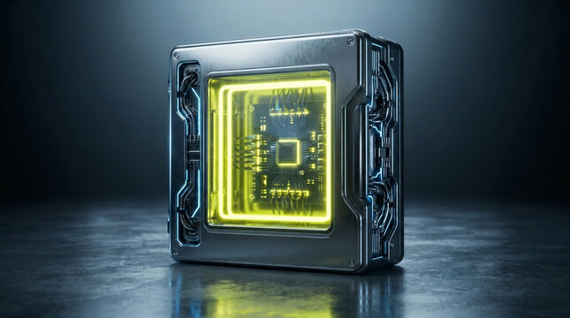 Futuristic sci-fi electrical fuse box glowing with bright yellow card neon light
