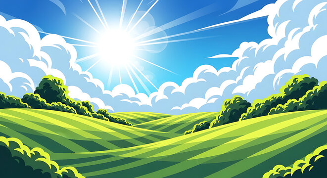 Bright sun shining over rolling green hills and summer meadow with landscape environment outdoors daylight sunlight panoramic