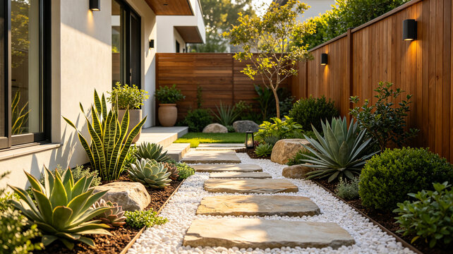 Modern residential backyard featuring a flagstone path over white gravel, surrounded by succulents, lush greenery, and a tall wooden privacy fence.