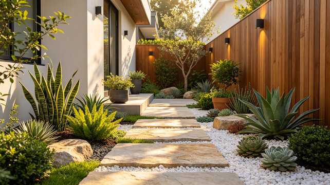 A beautifully designed modern backyard featuring a flagstone path, various succulent plants, white pebbles, and a warm wooden fence with wall lights.