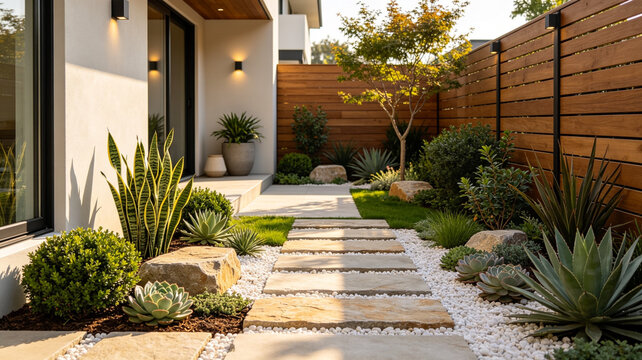 A modern backyard featuring a stone pathway through a meticulously landscaped garden with succulents, snake plants, white gravel, and a wooden fence.