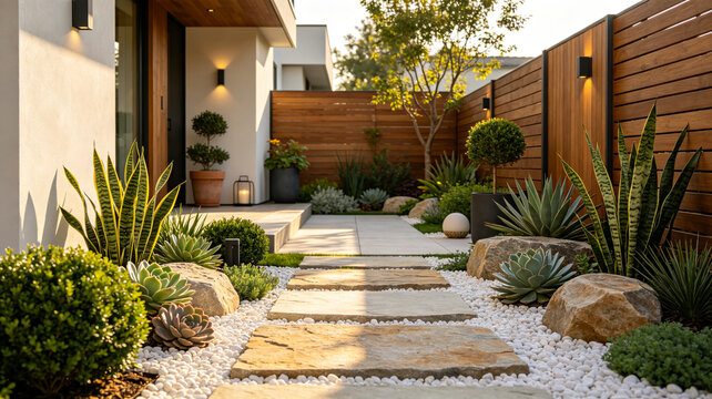 Modern minimalist garden featuring stone pathways, white gravel, lush succulents, and a sleek wooden fence under warm evening lighting.