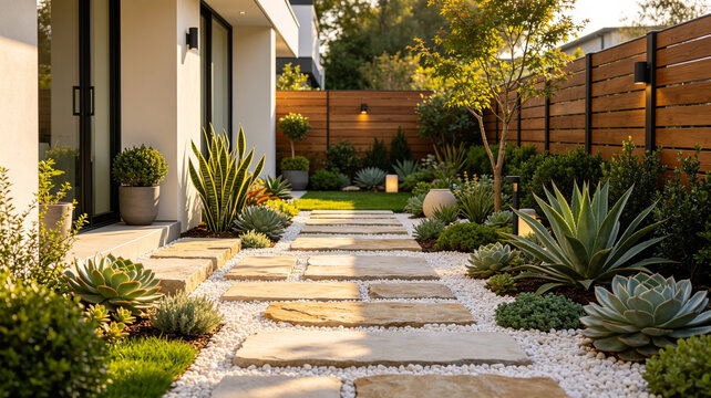 Modern backyard garden featuring a stone paver path, white pebbles, lush succulents, and a stylish wooden fence under warm evening light.