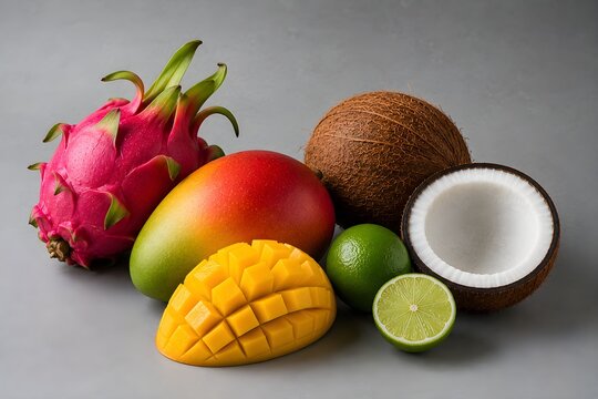 Vibrant tropical fruits rest on neutral gray surface. Dragon fruit, mango, lime, and coconut create colorful display. Half coconut reveals white interior with crisp green rind