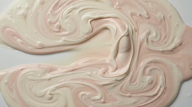 creamy foundation and moisturizer, elegant abstract macro swirl, professional skincare and cosmetic texture, mixing beige and white liquid with soft highlights