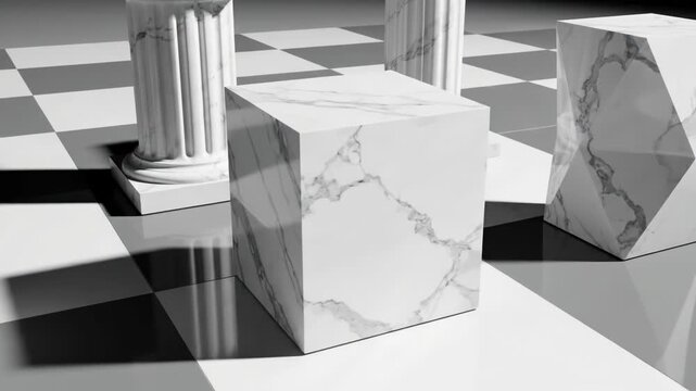 Four white marble display pedestals in cylinder, cube, geometric, and fluted column shapes on a reflective black and white checkerboard floor with dark studio background.