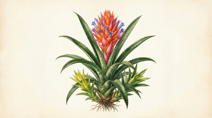 Fototapeta premium Detailed Botanical Illustration of an Exotic Flowering Bromeliad Plant with Intricate Precision