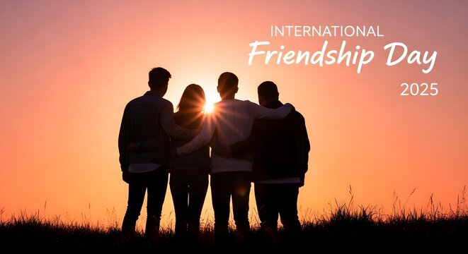 Group of Friends Silhouetted Against Sunset Holding Hands in Open Field