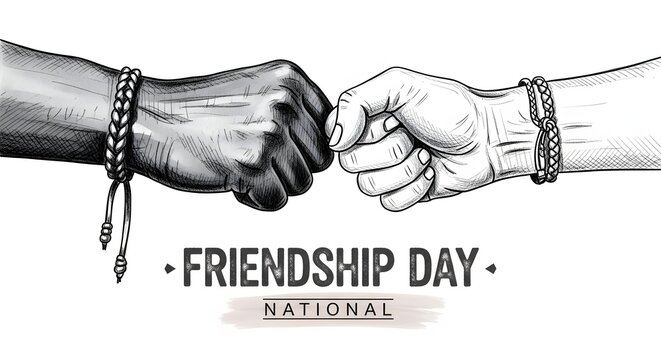 Hands Holding Together in Unity with Friendship Day Text Illustration Black and White