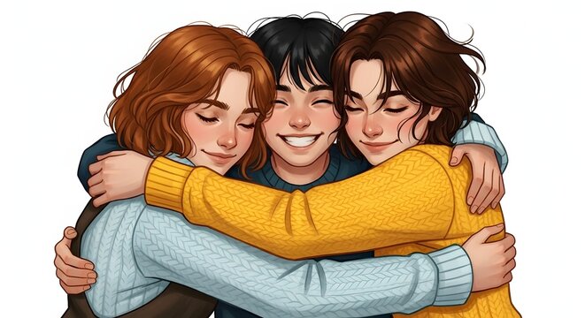Group of Friends Hugging and Smiling Together in Casual Sweaters Bright Portrait