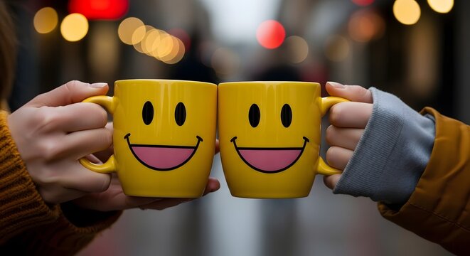 Hands Holding Yellow Mugs with Smiling Faces Close Up on Dark Tabletop