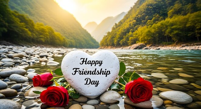 Handwritten Happy Friendship Day Message on River Stone with Red Roses in Mountain Valley Sunrise
