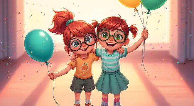 Children Celebrating with Balloons in Bright Indoor Playroom Full of Joy and Color