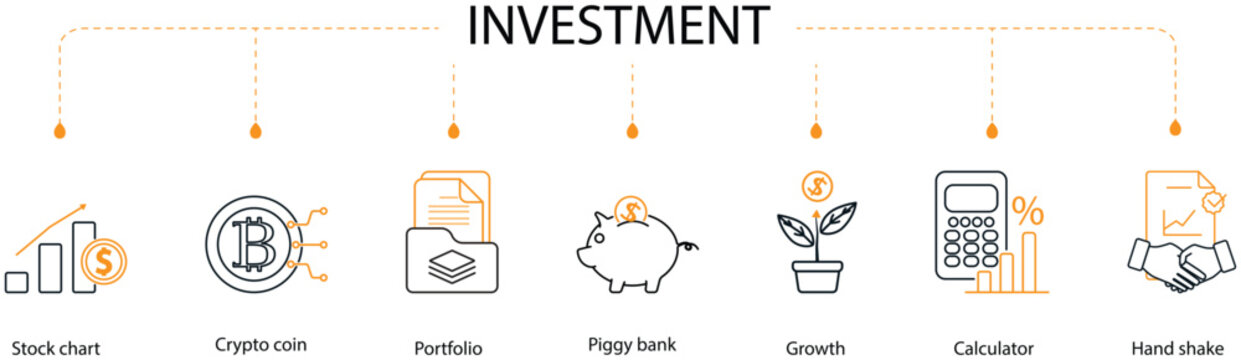 Investment banner combining stock chart, crypto coin, portfolio, growth tree, calculator, handshake, and piggy bank icons, symbolizing finance, strategy, and modern business economy