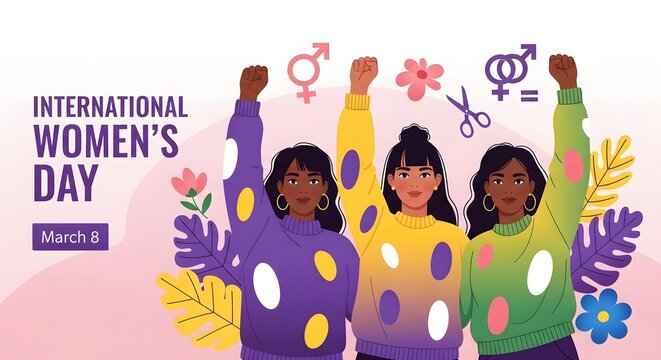 Group of Diverse Women Celebrating Unity with Raised Hands and Floral Decorations in Studio