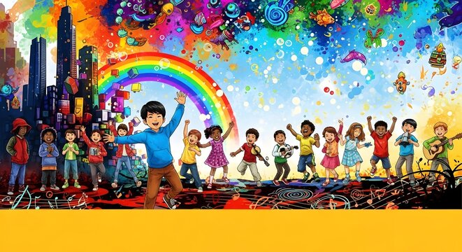 Group of Children Celebrating with Rainbow and Confetti in Vibrant Outdoor Setting