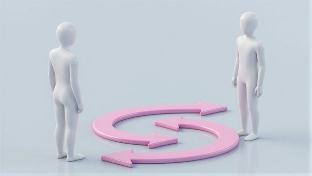 Three white figures stand around a pink circular arrow symbolizing cycles or feedback.