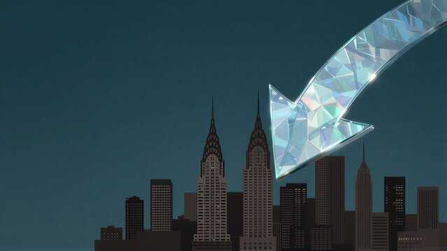 A glowing arrow descends over a dark city skyline at night.