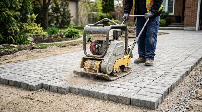 Medium shot of a machine compacting interlocking concrete paver blocks highlighting the precise pressing process for durable walkways and patios.