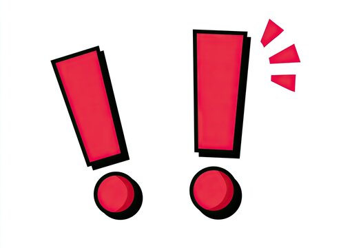 Two bright red exclamation marks with bold black outlines on white background
