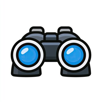 A stylized, cartoon-like illustration of dark gray binoculars with bright blue lenses
