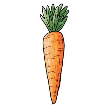 A single, hand-drawn carrot with green leafy tops, colored orange