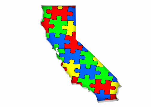 California CA State Map Autism Puzzle Pieces Awareness Autistic Symbol Spectrum 3d Illustration