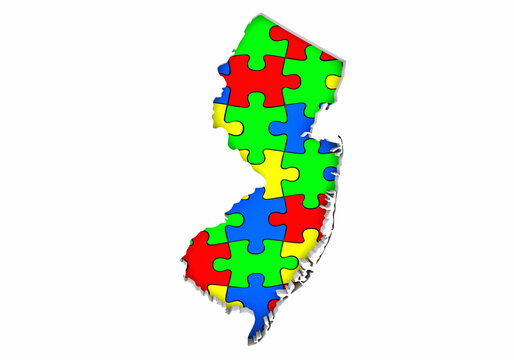 New Jersey NJ State Map Autism Puzzle Pieces Awareness Autistic Symbol Spectrum 3d Illustration