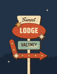 Retro roadside motel sign with Sunset Lodge text and vacancy arrow. Vintage American highway travel concept. Vector illustration in mid century 1950s style © Dukhanina Ekaterina