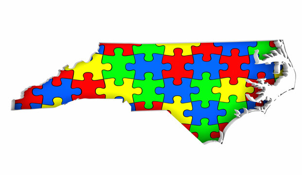 North Carolina NC State Map Autism Puzzle Pieces Awareness Autistic Symbol Spectrum 3d Illustration