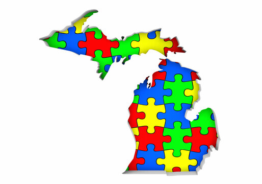 Michigan MI State Map Autism Puzzle Pieces Awareness Autistic Symbol Spectrum 3d Illustration