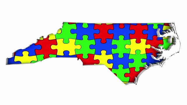 North Carolina NC State Map Autism Puzzle Pieces Awareness Autistic Symbol Spectrum 3d Animation