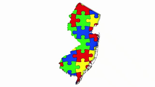 New Jersey NJ State Map Autism Puzzle Pieces Awareness Autistic Symbol Spectrum 3d Animation