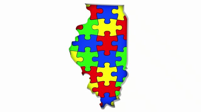 Illinois IL State Map Autism Puzzle Pieces Awareness Autistic Symbol Spectrum 3d Animation