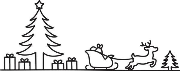 Black line drawing of Christmas tree with sleigh and reindeer and presents © Md. Habibur