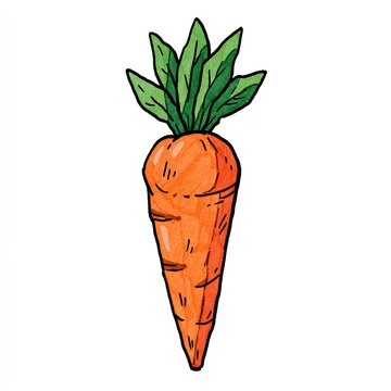 A hand-drawn orange root vegetable with green leafy tops on a white background