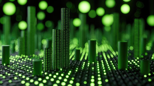 Abstract digital cityscape with glowing green data streams and geometric structures