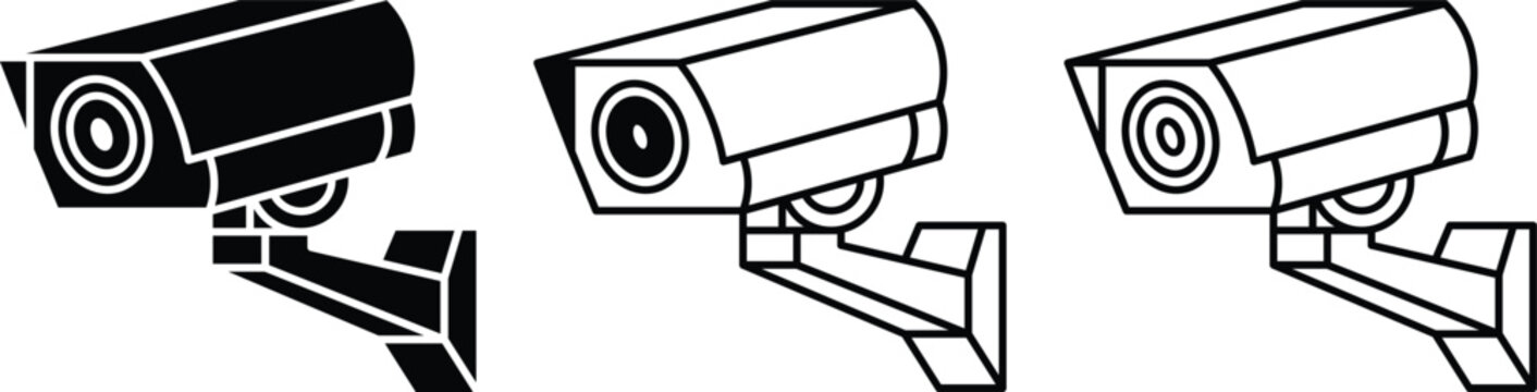 Security Cameras Icon Set: A collection of various security cameras depicted in a monochrome style, offering a visual representation of surveillance and safety.